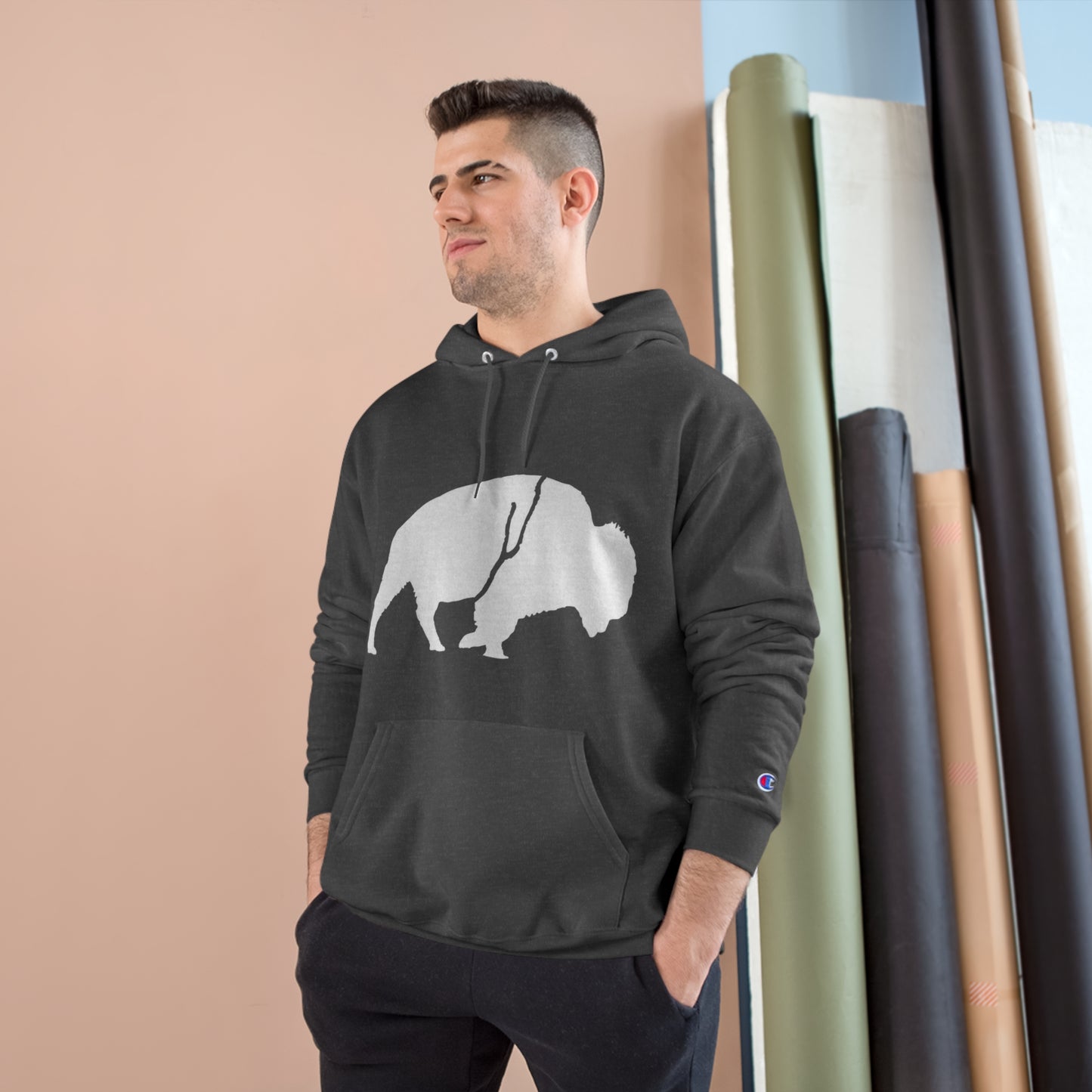 QKA Bills Backers White Standing Buffalo Champion Hoodie