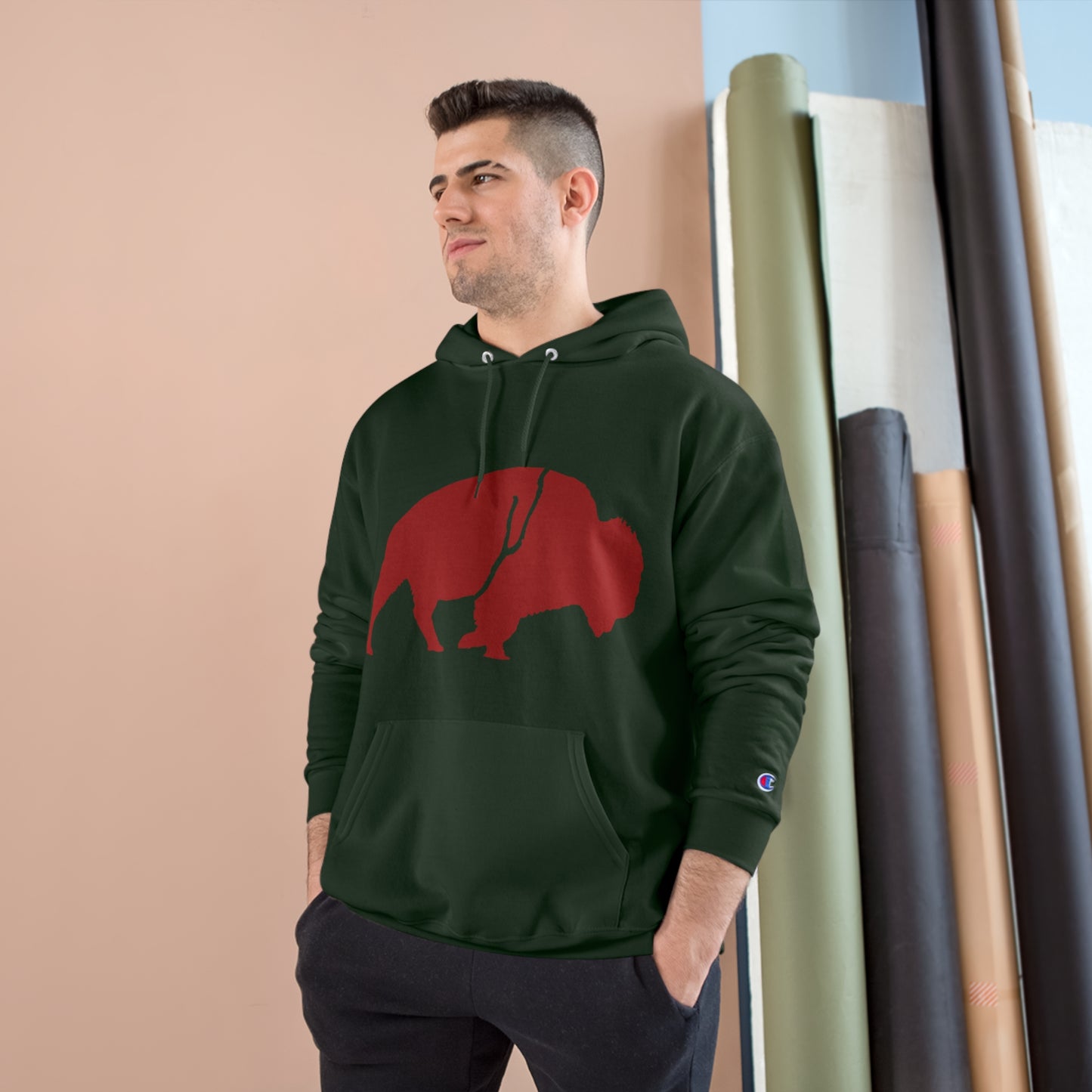 QKA Bills Backers Red Standing Buffalo Champion Hoodie