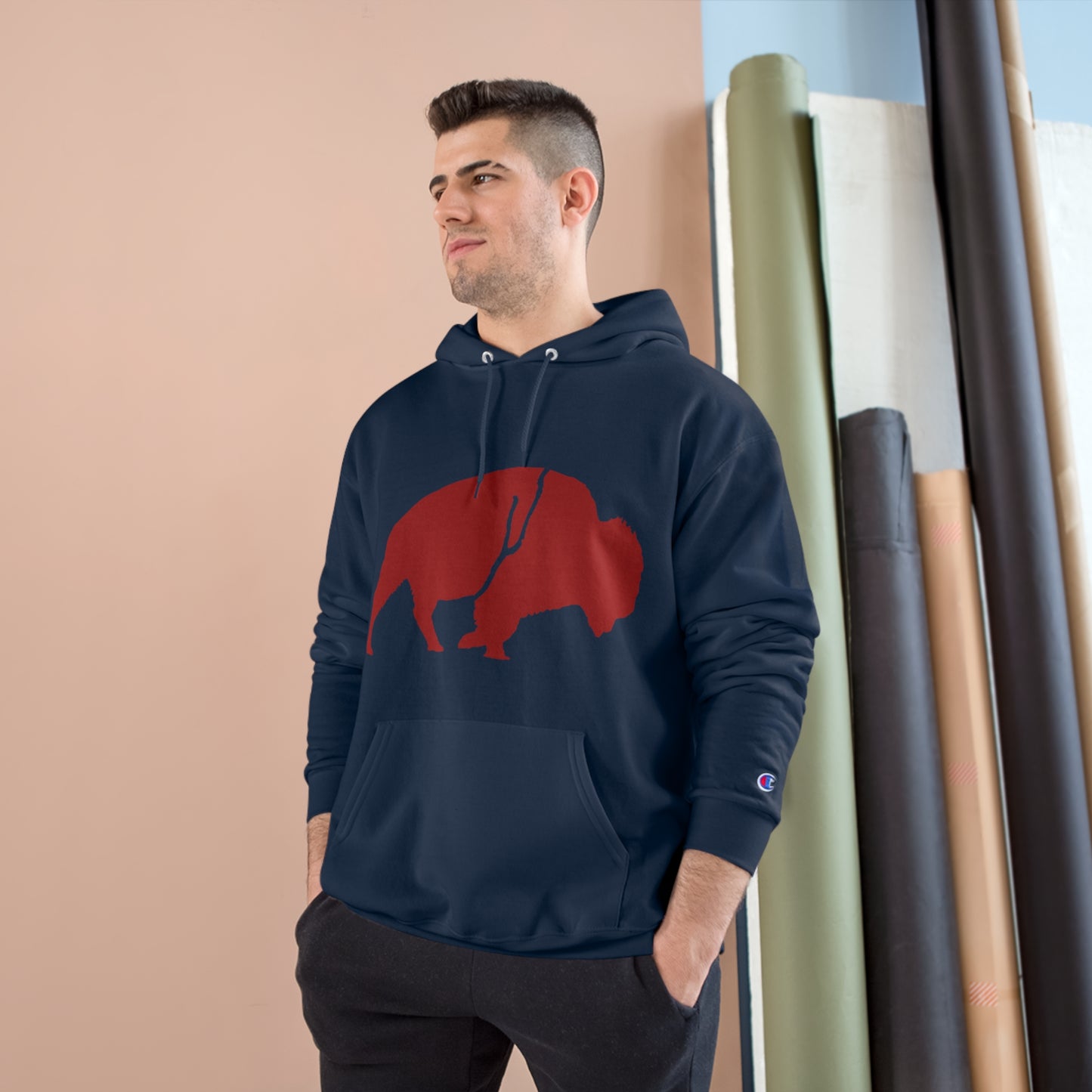 QKA Bills Backers Red Standing Buffalo Champion Hoodie