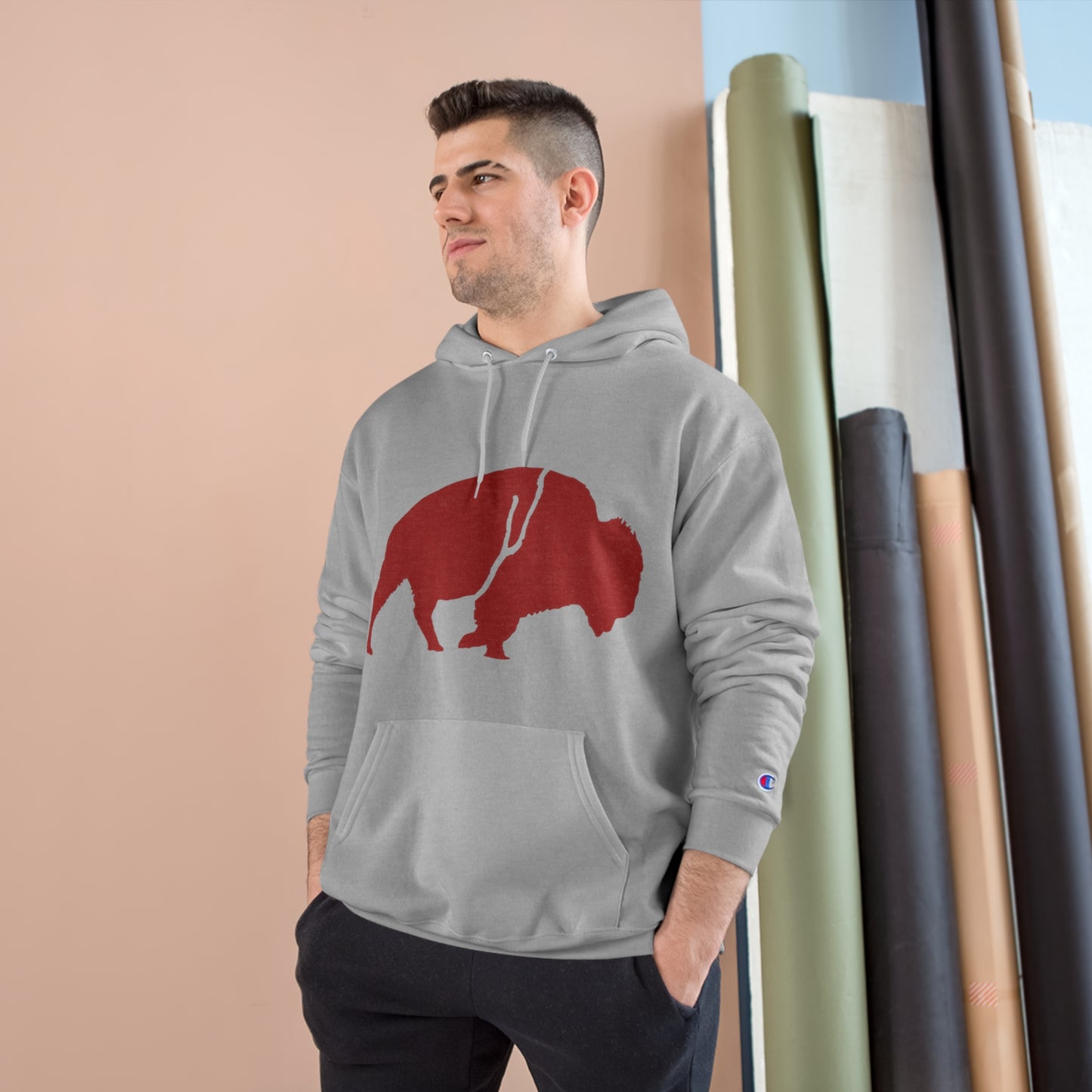 QKA Bills Backers Red Standing Buffalo Champion Hoodie