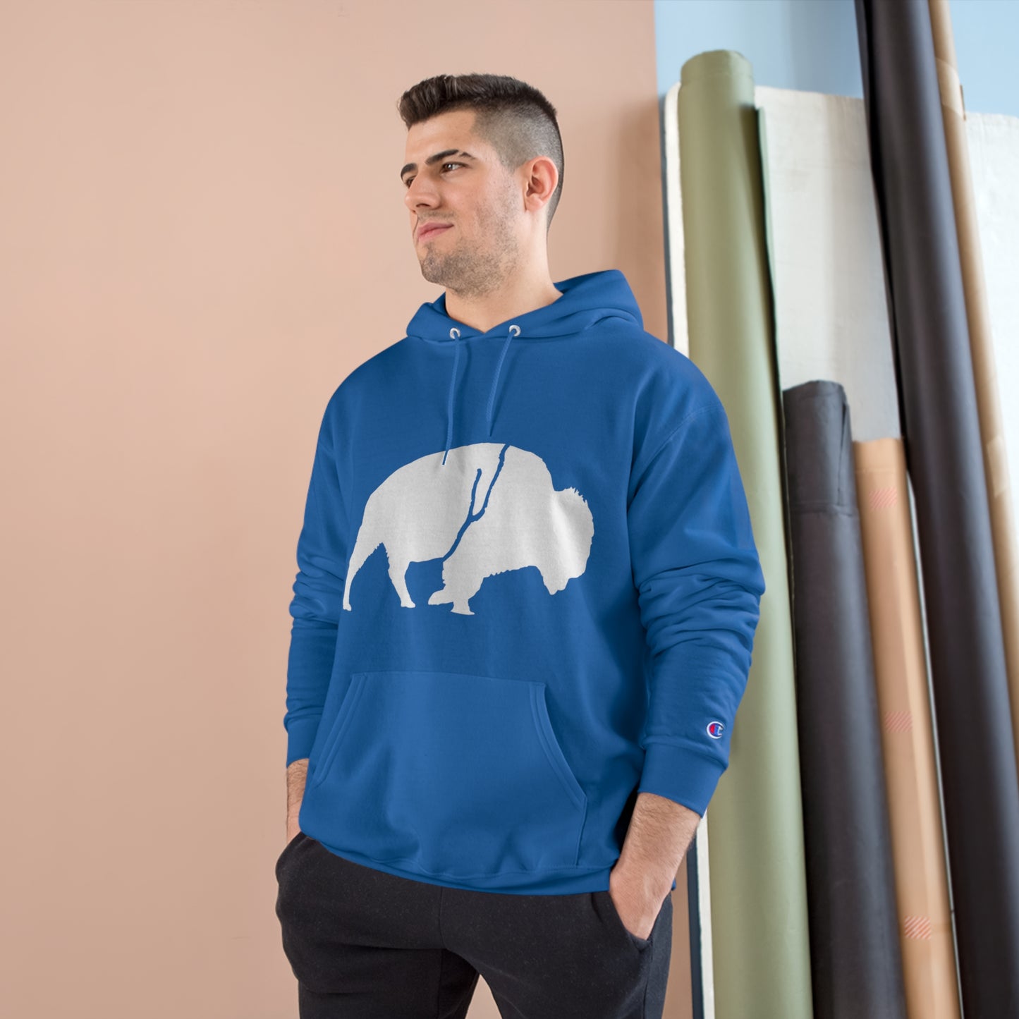 QKA Bills Backers White Standing Buffalo Champion Hoodie