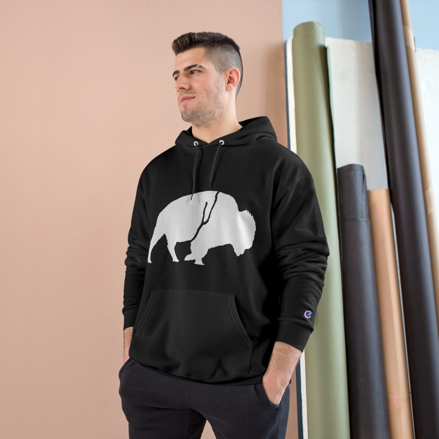 QKA Bills Backers White Standing Buffalo Champion Hoodie