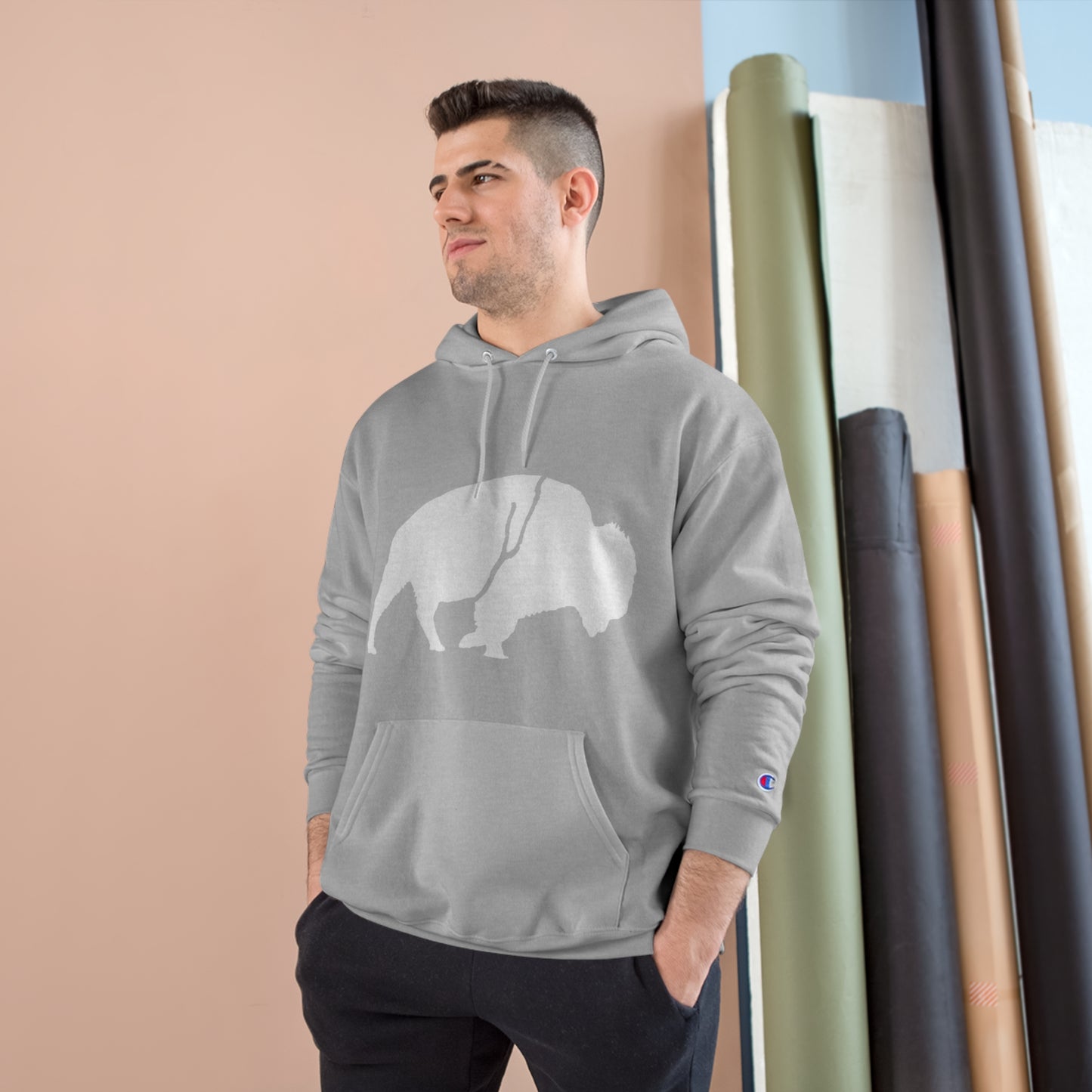 QKA Bills Backers White Standing Buffalo Champion Hoodie