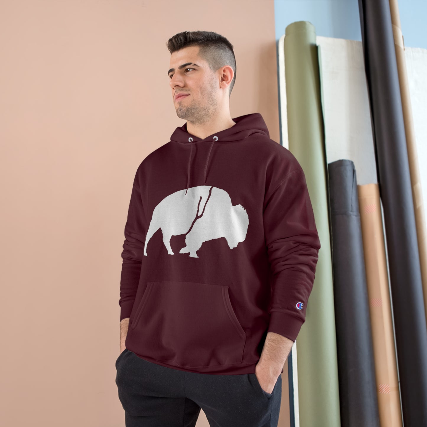 QKA Bills Backers White Standing Buffalo Champion Hoodie