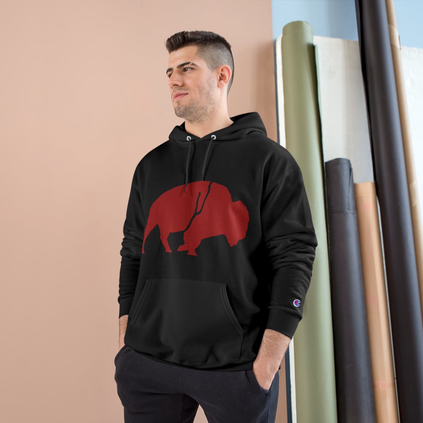QKA Bills Backers Red Standing Buffalo Champion Hoodie